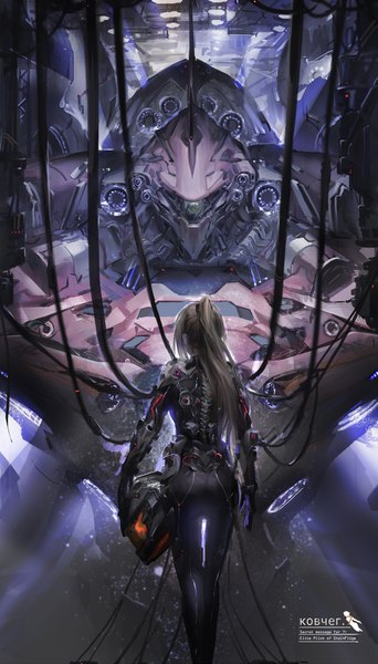 Anime-Bild 857x1500 mit original stu dts single long hair tall image standing ass ponytail indoors grey hair from behind headwear removed helmet removed girl bodysuit helmet pilot suit mecha cable hangar