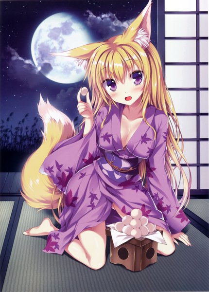 Anime picture 5020x6999 with original tateha (marvelous grace) single tall image blush highres breasts open mouth light erotic blonde hair purple eyes animal ears absurdres tail traditional clothes japanese clothes animal tail scan fox ears fox tail