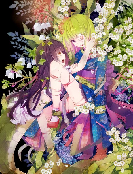 Anime picture 868x1128 with original itamidome long hair tall image open mouth brown hair purple eyes multiple girls yellow eyes tail traditional clothes japanese clothes profile green hair monster girl snake tail girl flower (flowers) ribbon (ribbons) 2 girls