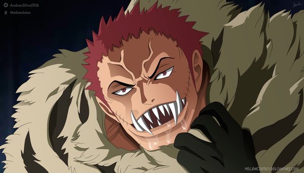 Anime picture 1920x1095 with one piece toei animation charlotte katakuri melonciutus single looking at viewer highres short hair open mouth red eyes wide image holding signed red hair teeth fang (fangs) fur trim twitter username coloring scar