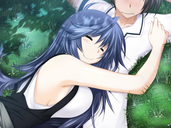 Anime picture 1600x1200 with maji de watashi ni koi shinasai! itagaki tatsuko long hair blush smile blue hair game cg lying eyes closed girl boy