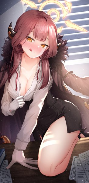 Anime picture 1407x2880 with blue archive aru (blue archive) lancheu single long hair tall image looking at viewer blush fringe breasts light erotic large breasts standing yellow eyes pink hair cleavage indoors blunt bangs long sleeves head tilt