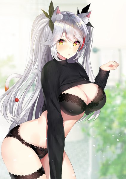 Anime picture 800x1138 with azur lane prinz eugen (azur lane) ero waifu single long hair tall image looking at viewer blush fringe breasts light erotic hair between eyes large breasts standing animal ears yellow eyes payot cleavage silver hair tail