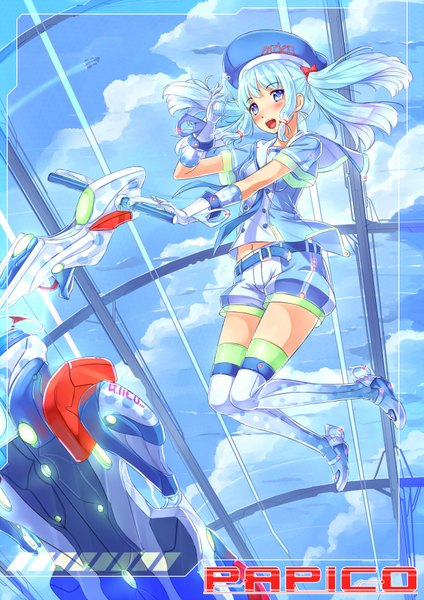 Anime picture 1240x1754 with original papico (ice cream) papico kazeno single long hair tall image blush open mouth blue eyes blue hair cloud (clouds) girl thighhighs gloves hat shorts
