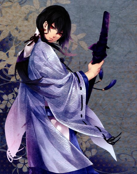 Anime picture 1894x2418 with ken ga kimi sagihara sakyou kiskil-llira single tall image looking at viewer highres red eyes purple hair ponytail traditional clothes japanese clothes scan boy flower (flowers) weapon sword katana