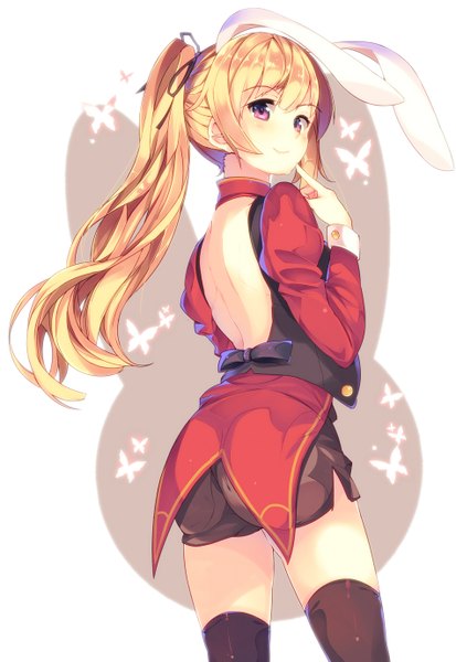 Anime picture 950x1380 with original mikususannda single long hair tall image blush fringe blonde hair smile standing white background animal ears ponytail wind from behind bunny ears finger to mouth bare back arched back thinking