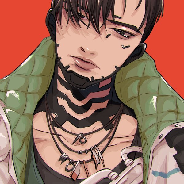Anime picture 1300x1300 with apex legends crypto (apex legends) ukiyo okashi single looking at viewer fringe short hair black hair simple background upper body head tilt black eyes hair over one eye realistic red background boy necklace