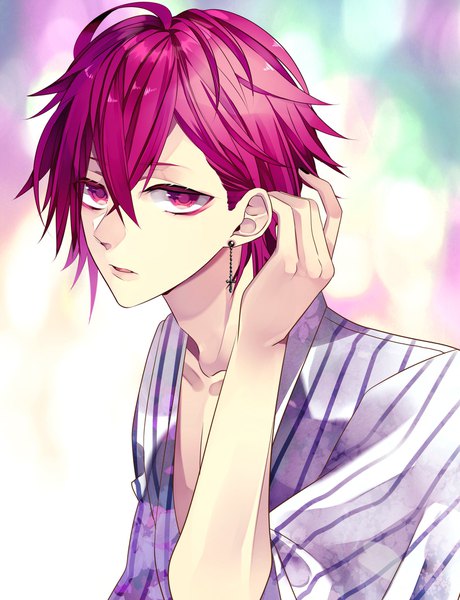 Anime picture 1570x2048 with virtual youtuber taimusakutto sakuya (taimusakutto) ksb_x4 single tall image looking at viewer fringe short hair open mouth simple background hair between eyes pink hair ahoge upper body parted lips pink eyes adjusting hair striped boy