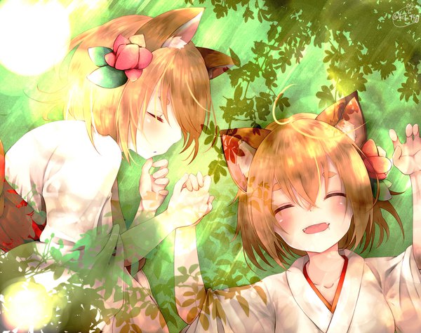 Anime picture 2000x1585 with original chita (ketchup) blush fringe highres short hair open mouth blonde hair smile hair between eyes multiple girls signed animal ears ahoge outdoors eyes closed traditional clothes japanese clothes hair flower sunlight
