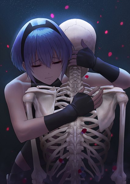 Anime picture 831x1169 with fate (series) fate/prototype hassan of serenity (fate) sion (9117) single tall image fringe short hair simple background hair between eyes standing bare shoulders payot purple hair eyes closed hug dark skin dark background skeleton girl