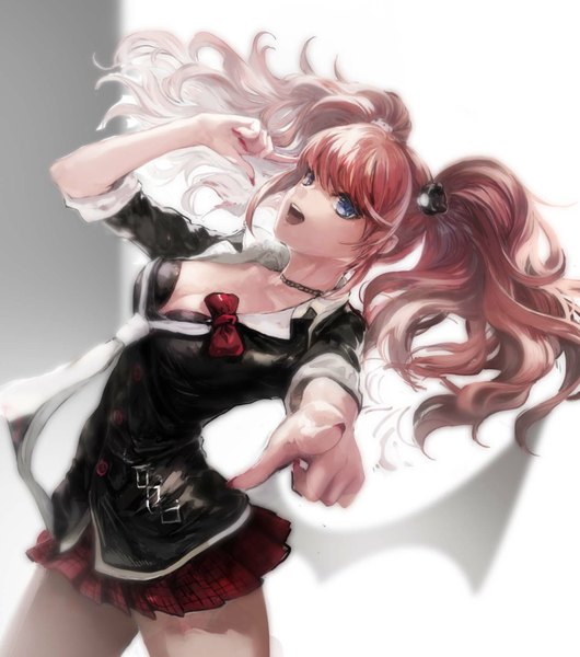 Anime picture 1489x1686 with dangan ronpa enoshima junko suzukiror single long hair tall image looking at viewer open mouth blue eyes light erotic standing twintails pink hair nail polish pleated skirt fingernails plaid skirt long fingernails bat wings pointing