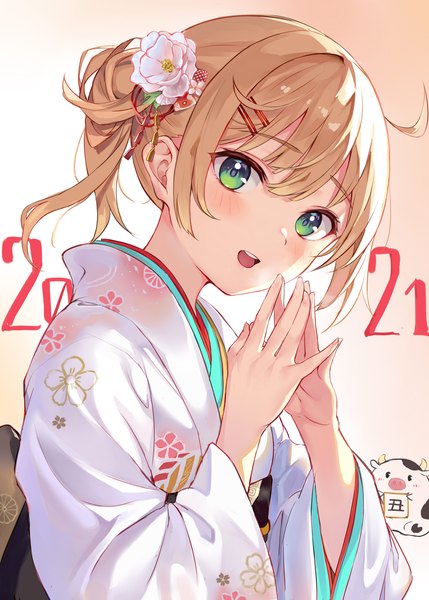 Anime picture 2590x3624 with original nagiha kuten single tall image blush highres short hair open mouth blonde hair green eyes upper body traditional clothes :d japanese clothes side ponytail new year fingers together 2021 girl hair ornament