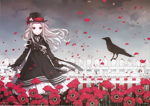 Anime picture 3200x2265 with original nardack single long hair highres absurdres pink eyes grey hair scan girl gloves flower (flowers) hat animal petals bird (birds) coat top hat crow anemone (flower)