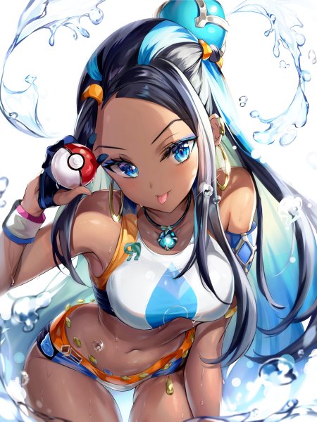 Anime picture 900x1200 with pokemon pokemon (game) pokemon swsh nintendo nessa (pokemon) narae single long hair tall image looking at viewer blush breasts blue eyes light erotic black hair simple background standing white background bare shoulders holding