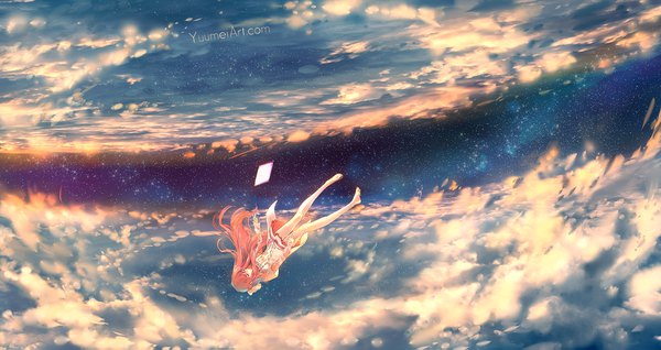 Anime picture 2000x1063 with shelter (music video) rin (shelter) yuumei single long hair fringe highres wide image sky cloud (clouds) red hair eyes closed barefoot bare legs legs watermark falling girl dress star (stars)