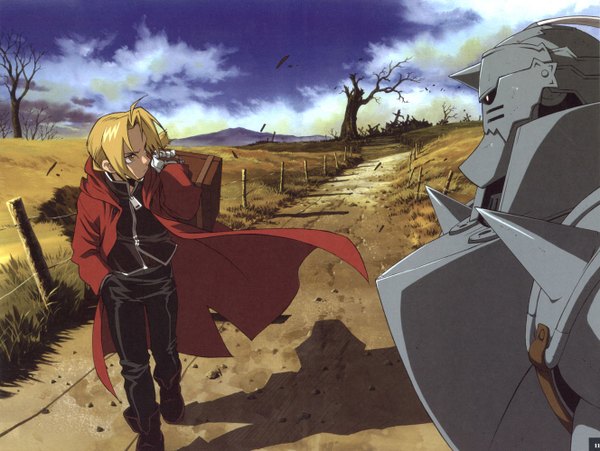 Anime picture 1328x1000 with fullmetal alchemist studio bones edward elric alphonse elric blonde hair yellow eyes braid (braids) scan official art single braid siblings brothers gloves boots armor road suitcase