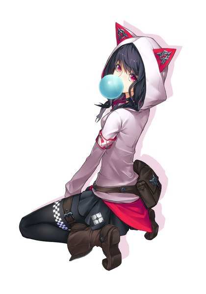Anime picture 700x1000 with original yucca-612 (neco) single long hair tall image looking at viewer black hair simple background red eyes white background girl skirt boots hood bag bubble (bubbles) fanny pack