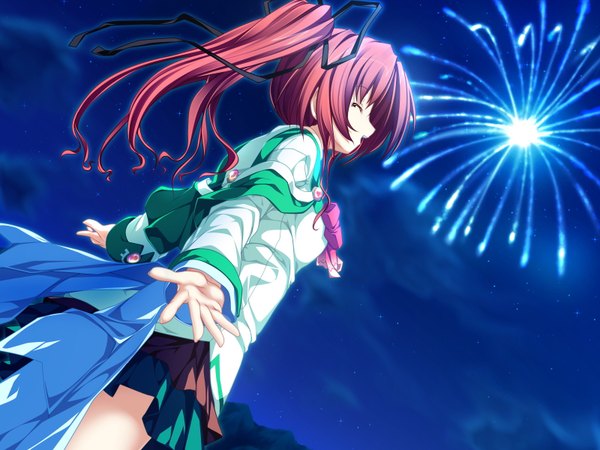 Anime picture 1600x1200 with magus tale whirlpool (studio) seera finis victoria tenmaso long hair open mouth game cg ponytail red hair eyes closed profile night night sky spread arms fireworks girl uniform ribbon (ribbons) hair ribbon school uniform