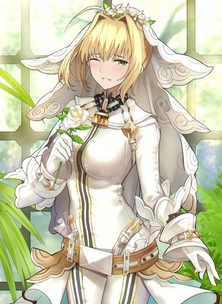 Anime picture 992x1360 with fate (series) fate/extra fate/extra ccc nero claudius (fate) (all) nero claudius (bride) (fate) shiguru single tall image looking at viewer blush fringe short hair breasts blonde hair hair between eyes standing holding green eyes ahoge indoors