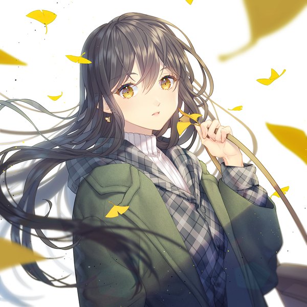 Anime picture 1000x1000 with original ribbonari single long hair looking at viewer blush fringe open mouth black hair simple background hair between eyes standing white background holding yellow eyes upper body blurry open clothes floating hair plaid