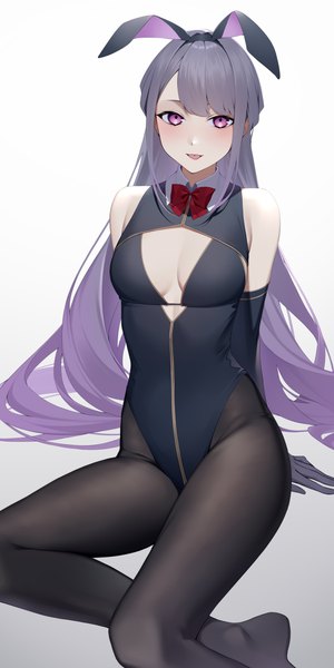 Anime picture 2000x4000 with original kuen (kuennn12) single long hair tall image looking at viewer fringe highres breasts light erotic simple background smile sitting purple eyes bare shoulders animal ears payot purple hair bent knee (knees) grey hair