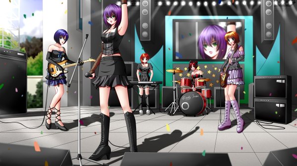 Anime picture 1366x768 with original ilolamai short hair wide image multiple girls green eyes purple hair red hair orange hair group girl dress microphone 5 girls guitar