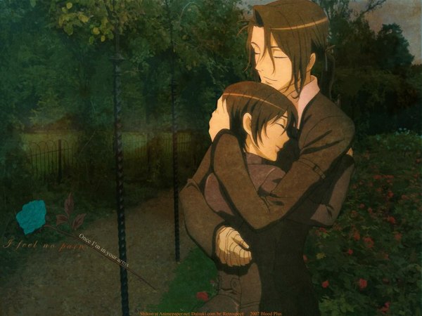 Anime picture 1152x864 with blood+ production i.g otonashi saya haji long hair short hair black hair eyes closed couple hug girl boy