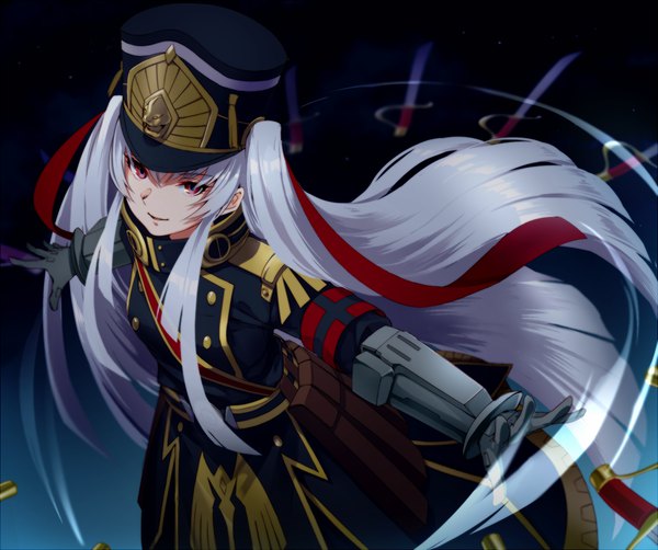 Anime picture 1140x955 with re:creators altair (re:creators) takeko spla single fringe hair between eyes silver hair very long hair pink eyes from above two side up spread arms military girl uniform weapon hat sword military uniform epaulettes