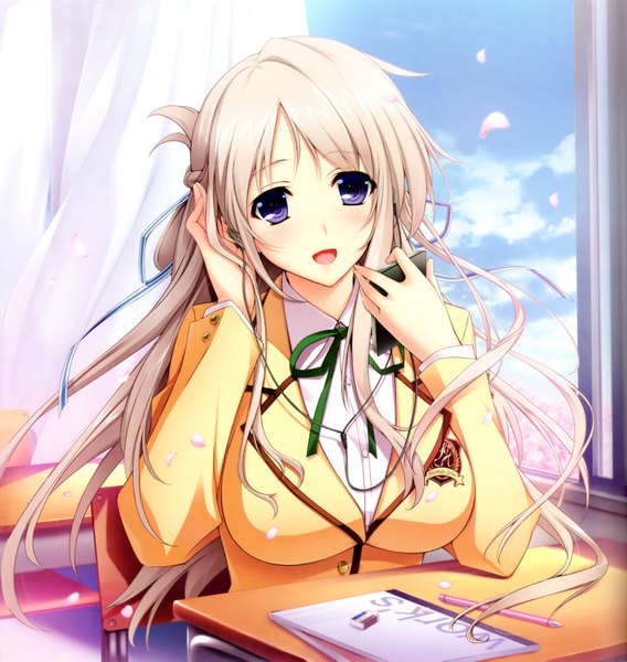 Anime picture 3063x3233 with hatsukoi 1/1 makabe midori iizuki tasuku single long hair tall image blush fringe highres breasts open mouth purple eyes holding absurdres sky cloud (clouds) happy classroom girl ribbon (ribbons)