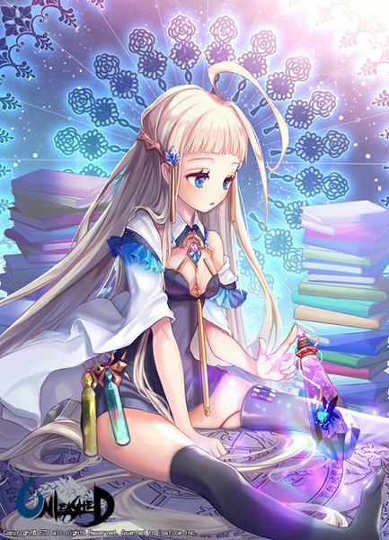 Anime picture 600x831 with unleashed ezu (leejiyu) single long hair tall image fringe blue eyes blonde hair sitting ahoge parted lips no shoes magic girl thighhighs dress hair ornament black thighhighs hairclip black dress