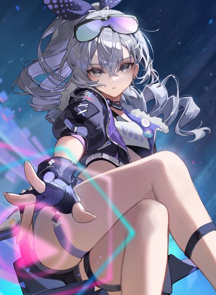 Anime picture 1502x2048 with honkai: star rail honkai (series) silver wolf (honkai: star rail) chyoel single long hair tall image looking at viewer fringe light erotic hair between eyes sitting silver hair ponytail bare legs crossed legs drill hair silver eyes goggles on head girl