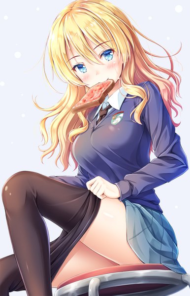 Anime picture 950x1477 with girls und panzer darjeeling (girls und panzer) akashio (loli ace) single long hair tall image looking at viewer blush fringe breasts blue eyes light erotic simple background hair between eyes sitting holding pleated skirt grey background from below mouth hold