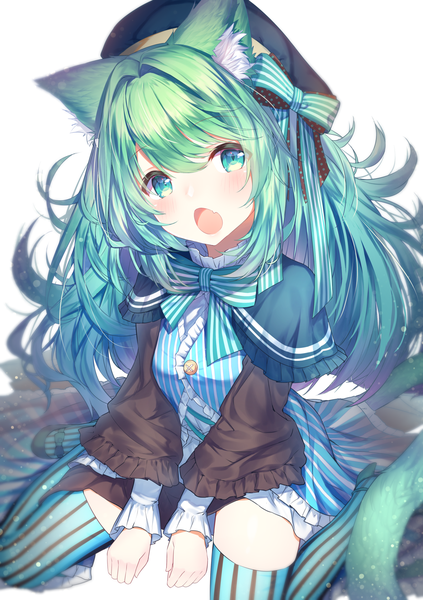 Anime picture 1188x1683 with original topia single long hair tall image looking at viewer blush fringe open mouth simple background hair between eyes white background sitting animal ears payot tail animal tail aqua eyes cat ears aqua hair