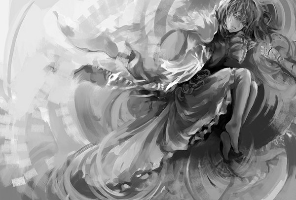 Anime picture 1063x720 with touhou kirisame marisa archlich barefoot monochrome broom riding girl dress broom