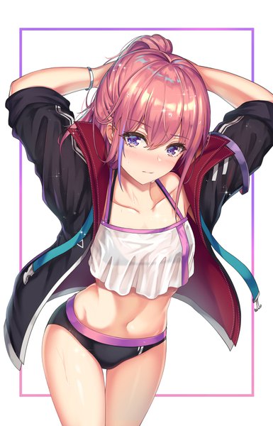 Anime picture 674x1050 with girls frontline st ar-15 (girls frontline) cenangam single long hair tall image looking at viewer blush fringe light erotic simple background hair between eyes standing white background purple eyes payot pink hair ponytail multicolored hair arms up