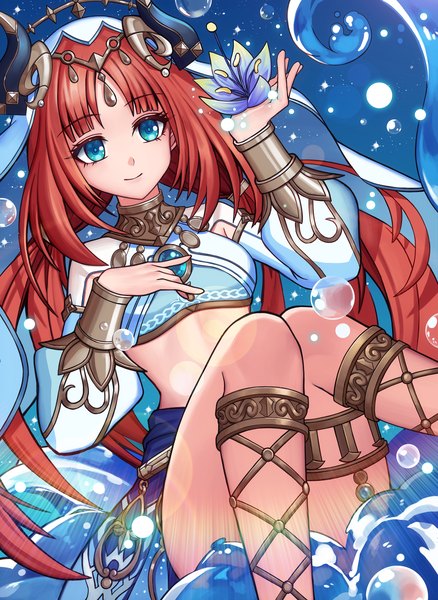 Anime picture 1904x2611 with genshin impact nilou (genshin impact) euna single long hair tall image looking at viewer fringe highres blue eyes light erotic smile twintails bare shoulders red hair blunt bangs horn (horns) low twintails hand on chest blue background