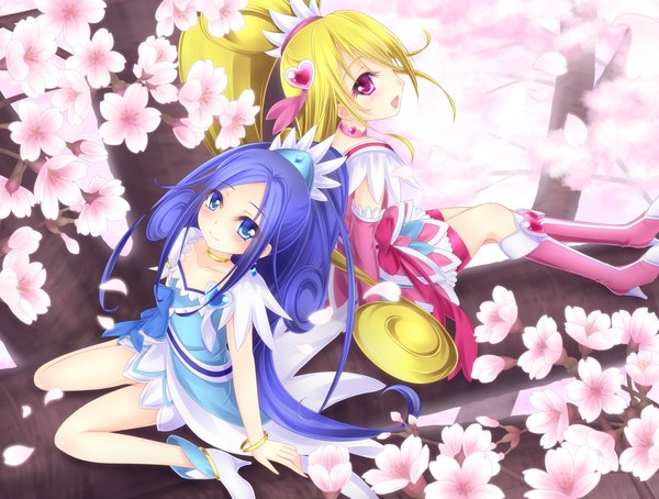 Anime picture 1650x1250 with precure toei animation hishikawa rikka cure heart yayayoruyoru long hair looking at viewer blush open mouth blonde hair smile sitting multiple girls blue hair ponytail looking back cherry blossoms happy girl hair ornament
