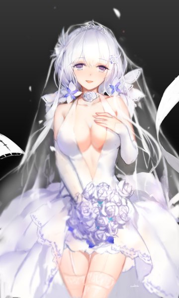Anime picture 1418x2362 with azur lane illustrious (azur lane) illustrious (morning star of love and hope) (azur lane) swd3e2 single long hair tall image looking at viewer fringe breasts open mouth light erotic hair between eyes large breasts purple eyes bare shoulders holding cleavage white hair official art