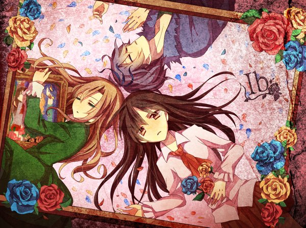 Anime picture 1600x1193 with ib (game) garry (ib) ib (ib) mary (ib) long hair short hair black hair blonde hair red eyes multiple girls purple hair lying eyes closed inscription framed girl dress boy flower (flowers) 2 girls