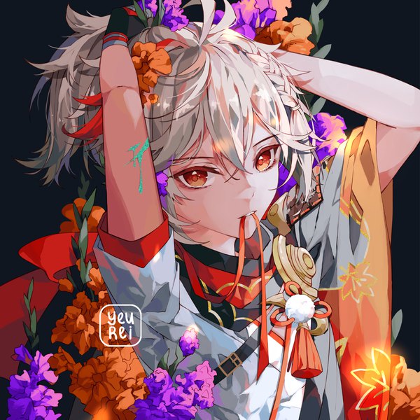 Anime picture 1100x1100 with genshin impact kaedehara kazuha yeurei single looking at viewer fringe short hair hair between eyes red eyes holding signed silver hair upper body ponytail mouth hold adjusting hair tying hair ribbon in mouth boy flower (flowers)