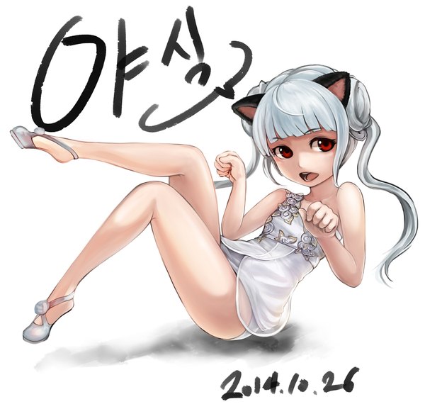 Anime picture 1012x962 with blade & soul lyn (blade & soul) mappung-gun (mhg0106) single long hair open mouth light erotic simple background red eyes white background animal ears silver hair cat ears shadow legs girl dress underwear panties