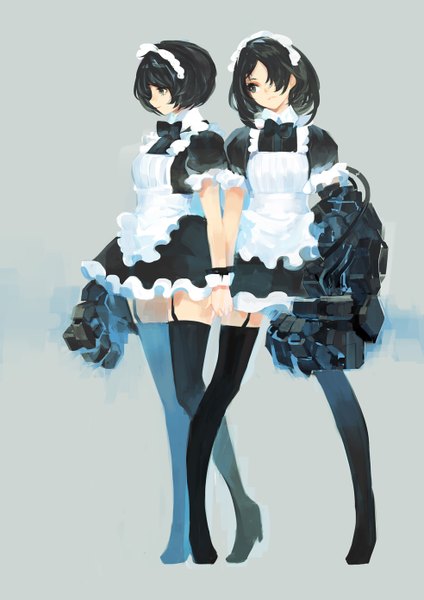 Anime picture 984x1392 with original pump tall image short hair black hair multiple girls holding profile black eyes maid holding hands girl thighhighs bow weapon black thighhighs 2 girls headdress bowtie maid headdress