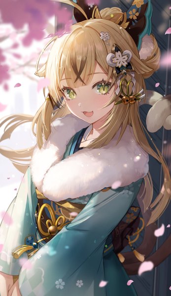 Anime picture 1000x1727 with genshin impact kirara (genshin impact) kirara (post office) (genshin impact) nima (niru54) single long hair tall image looking at viewer fringe open mouth blonde hair green eyes upper body ahoge tail traditional clothes :d japanese clothes animal tail cat tail