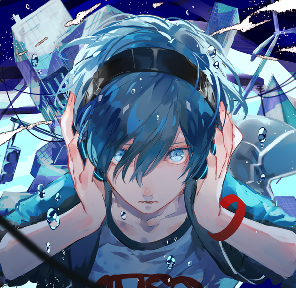 Anime picture 872x850 with persona 3 persona arisato minato syokumura single fringe short hair blue eyes hair between eyes blue hair from above hand on headphones boy bracelet headphones bubble (bubbles)