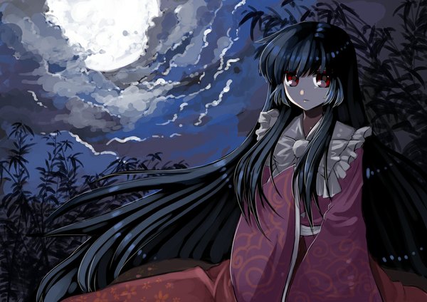 Anime picture 1000x707 with touhou houraisan kaguya esythqua single long hair black hair red eyes cloud (clouds) night girl dress moon