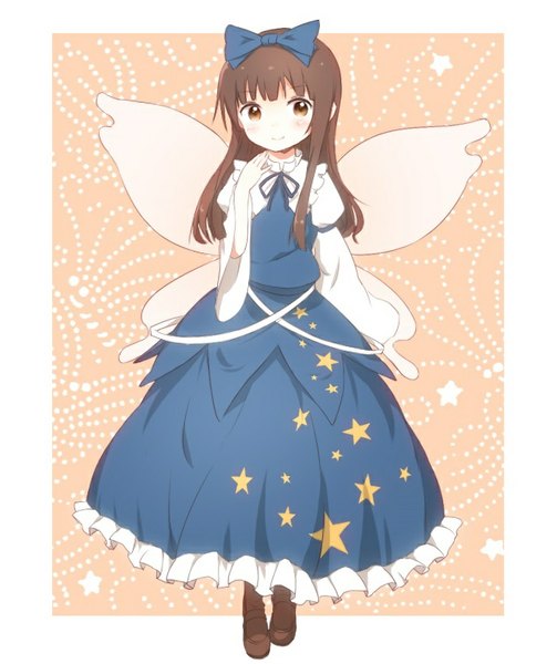 Anime picture 705x841 with touhou star sapphire nekoze (chatte secca) single long hair tall image blush fringe smile brown hair brown eyes looking away border outside border star print girl dress bow hair bow wings