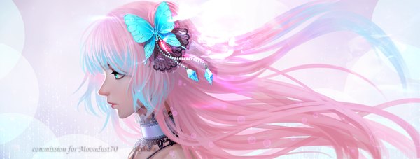 Anime picture 1633x620 with myme1 single long hair fringe simple background wide image pink hair profile aqua eyes lips watermark girl hair ornament crystal