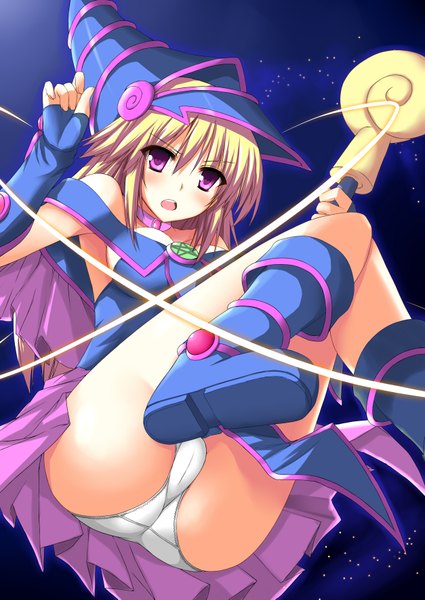 Anime picture 2507x3541 with yu-gi-oh! dark magician girl tozuka natsuru single long hair tall image highres open mouth light erotic blonde hair pink eyes witch girl skirt underwear panties miniskirt boots witch hat