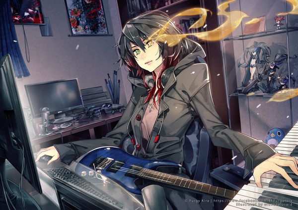 Anime picture 1052x744 with black rock shooter disgaea original black rock shooter (character) etna (disgaea) ian olympia single long hair looking at viewer fringe black hair hair between eyes green eyes yellow eyes red hair indoors head tilt multicolored hair lips heterochromia