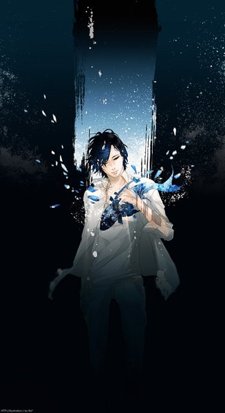 Anime picture 801x1466 with original re (artist) tall image short hair black hair one eye closed wink black eyes inscription open clothes open shirt dark background boy shirt fish (fishes) debris